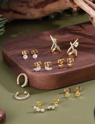 Tungary 7 Pairs 14K Gold Plated Surgical Stainless Steel Earrings Set for Multiple Piercings - Hypoallergenic Cartilage Stacking Studs with Butterfly Backs, Dainty Minimalist Jewelry Gift for Women in Saudi Arabia