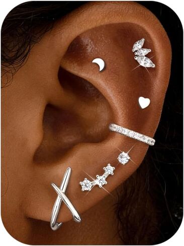 Tungary 7 Pairs 14K Gold Plated Surgical Stainless Steel Earrings Set for Multiple Piercings - Hypoallergenic Cartilage Stacking Studs with Butterfly Backs, Dainty Minimalist Jewelry Gift for Women in Saudi Arabia
