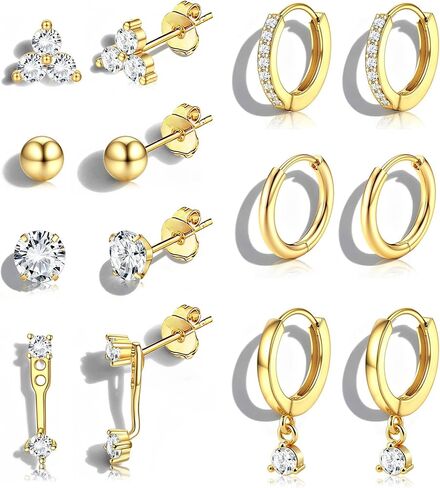 Tungary 7 Pairs 14K Gold Plated Surgical Stainless Steel Earrings Set for Multiple Piercings - Hypoallergenic Cartilage Stacking Studs with Butterfly Backs, Dainty Minimalist Jewelry Gift for Women in Saudi Arabia