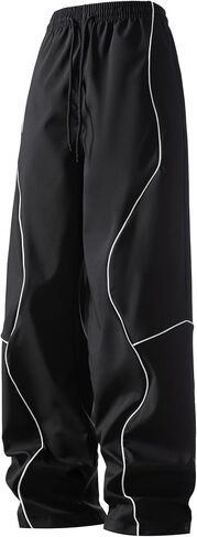 Men's Aesthetic Contrast Stitch Straight Leg Trousers, Casual Graphic Line Bottoms Urban Tech Baggy Pants, Black in Saudi Arabia
