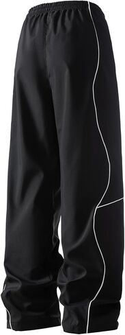 Men's Aesthetic Contrast Stitch Straight Leg Trousers, Casual Graphic Line Bottoms Urban Tech Baggy Pants, Black in Saudi Arabia