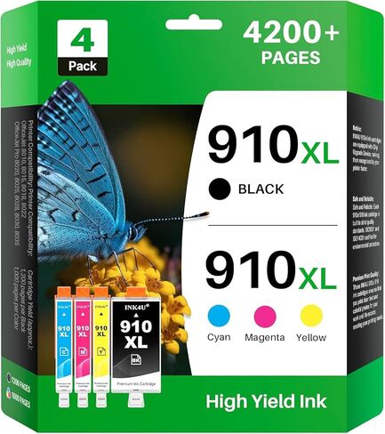 مجموعة خراطيش حبر INK4U 910XL بديلة متوافقة لخراطيش حبر HP 910XL 910 للاستخدام مع طابعة HP OfficeJet Pro 8020 8025 8028 8030 8035 8010 8015 8018 8022 (1BK/1C/1M/1Y، 4 عبوات) in Kuwait