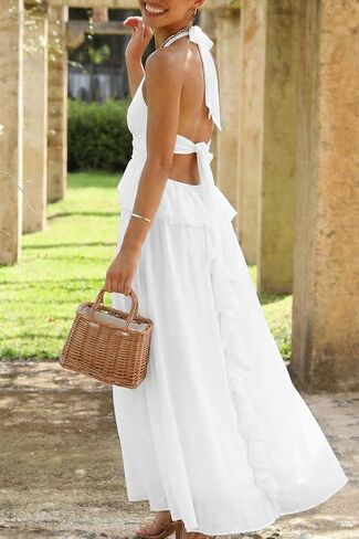 Womens 2026 Casual Long Summer Dresses Halter Strappy Flowy Beach Vacation Maxi Dress with Bra in Saudi Arabia
