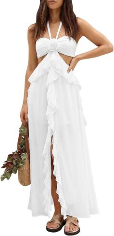 Womens 2026 Casual Long Summer Dresses Halter Strappy Flowy Beach Vacation Maxi Dress with Bra in Saudi Arabia
