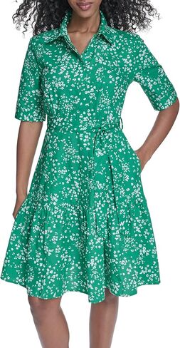 Calvin Klein Women's Short Sleeve Collard Neck Cotton Self Tie A-line Dress in Saudi Arabia
