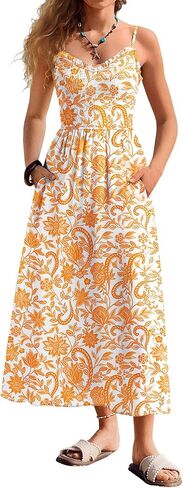 Kate Kasin Women Floral Maxi Dress Spaghetti Strap, Beach Boho Smocked Sundress, Summer Vacation Dress with Pockets 2026 in Saudi Arabia