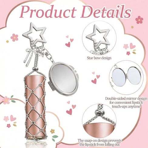Y2K Lipgloss Holder Keychain, Lipstick Holder Keychain with Mirror, Cute Star Bow Lip Gloss Holder Key Chain, Cute Purse Bag Charm Key Chains Accessories(Silver) in Saudi Arabia