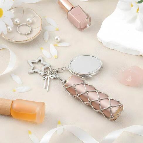 Y2K Lipgloss Holder Keychain, Lipstick Holder Keychain with Mirror, Cute Star Bow Lip Gloss Holder Key Chain, Cute Purse Bag Charm Key Chains Accessories(Silver) in Saudi Arabia