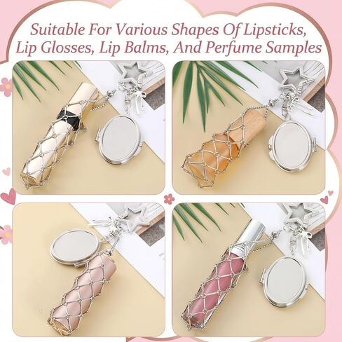 Y2K Lipgloss Holder Keychain, Lipstick Holder Keychain with Mirror, Cute Star Bow Lip Gloss Holder Key Chain, Cute Purse Bag Charm Key Chains Accessories(Silver) in Saudi Arabia