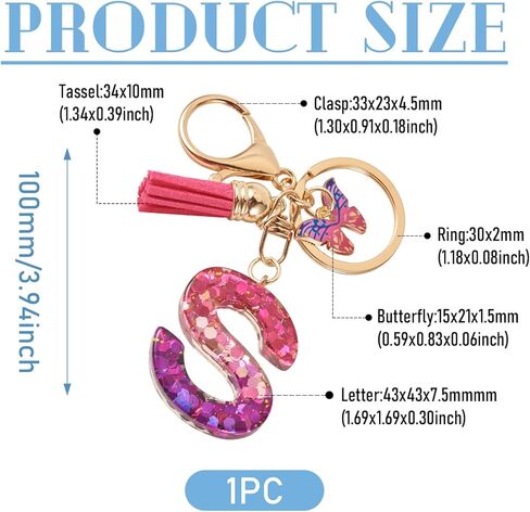 Initial Letter S Resin Keychain for Women Alphabet Butterfly Tassel Pendant Key Ring for Backpack School Bag Gift in Saudi Arabia
