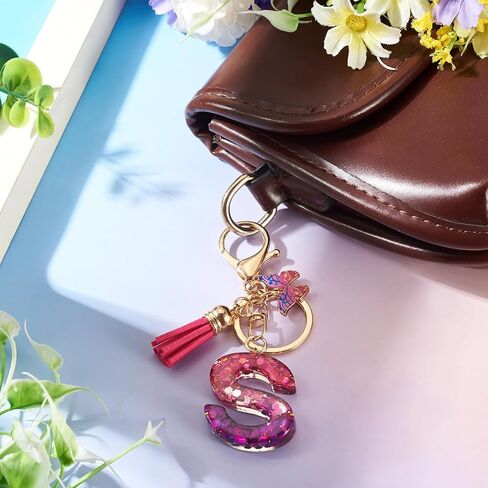 Initial Letter S Resin Keychain for Women Alphabet Butterfly Tassel Pendant Key Ring for Backpack School Bag Gift in Saudi Arabia
