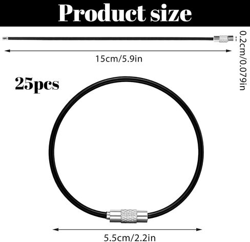 25 قطعة من كابل سلسلة المفاتيح ذو السلك الأسود، حلقة مفاتيح من الفولاذ المقاوم للصدأ بطول 6 بوصة لتعليق بطاقات الأمتعة، حلقة مفاتيح من السلك الأسود لبطاقات الهوية in Kuwait