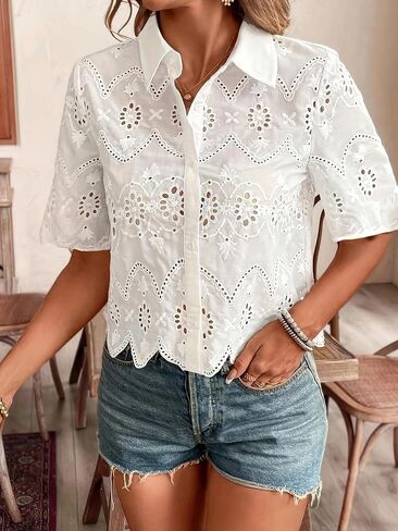 Women's Eyelet Embroidery Button Down Shirt, Short Sleeve Floral Lace Blouse in Saudi Arabia