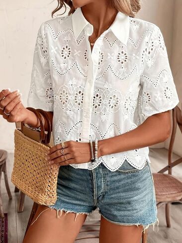 Women's Eyelet Embroidery Button Down Shirt, Short Sleeve Floral Lace Blouse in Saudi Arabia