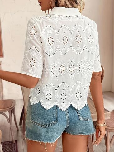 Women's Eyelet Embroidery Button Down Shirt, Short Sleeve Floral Lace Blouse in Saudi Arabia