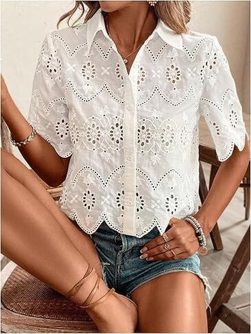 Women's Eyelet Embroidery Button Down Shirt, Short Sleeve Floral Lace Blouse in Saudi Arabia