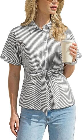 CUPSHE Striped Button Down Shirts Women,Short Sleeve Peplum Tops Business Casual,Tie Front Work Blouses Summer in Saudi Arabia