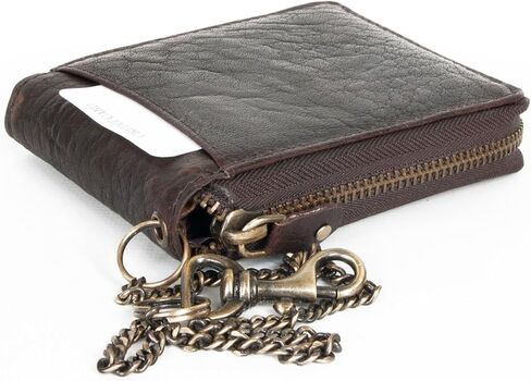 FLW Large Natural Strong Dark Brown Genuine Leather with Metal Zipper Around with Chain in Kuwait