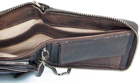FLW Large Natural Strong Dark Brown Genuine Leather with Metal Zipper Around with Chain in Kuwait