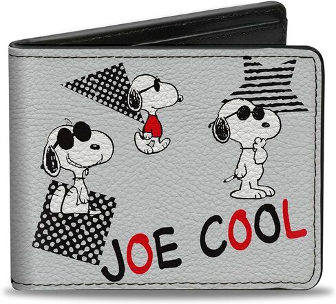 محفظة Buckle-Down Peanuts Worldwide LLC، ثنائية الطي، Peanuts Joe Cool Snoopy Poses ونص رمادي أسود أحمر أبيض، جلد نباتي in Saudi Arabia