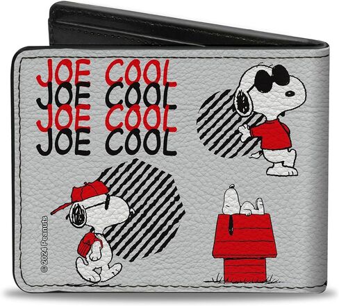 محفظة Buckle-Down Peanuts Worldwide LLC، ثنائية الطي، Peanuts Joe Cool Snoopy Poses ونص رمادي أسود أحمر أبيض، جلد نباتي in Saudi Arabia