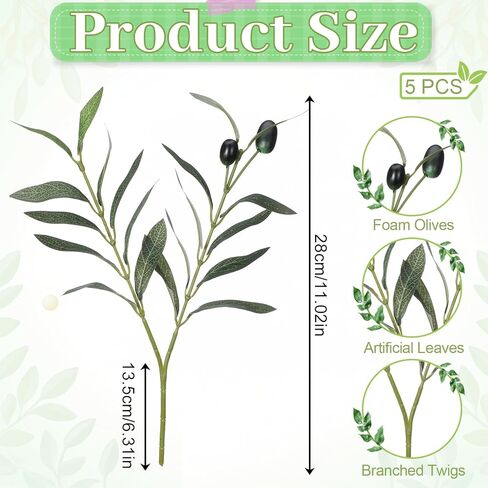 5 Pcs Artificial Plants Olive Tree Branches, 11 Inch Artificial Olive Tree Branches for Vase Faux Olives Leaves Stems for Centerpieces Decoration Wedding Greenery Home Decor in Kuwait
