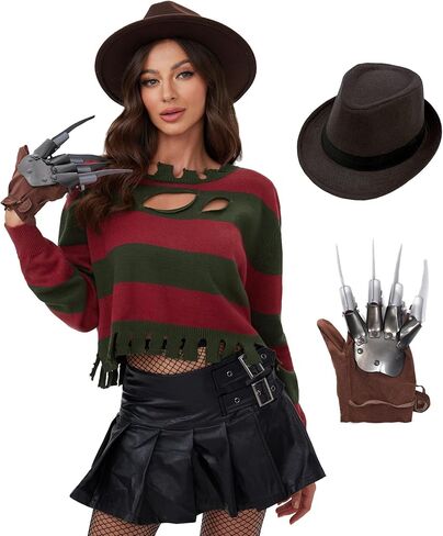 Women's Halloween Knitted Fredy Kruegre Red And Green Sweater Adults Ripped Costume with Gloves and Hat S in Saudi Arabia