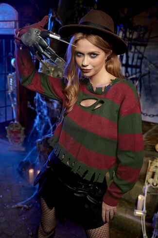 Women's Halloween Knitted Fredy Kruegre Red And Green Sweater Adults Ripped Costume with Gloves and Hat S in Saudi Arabia