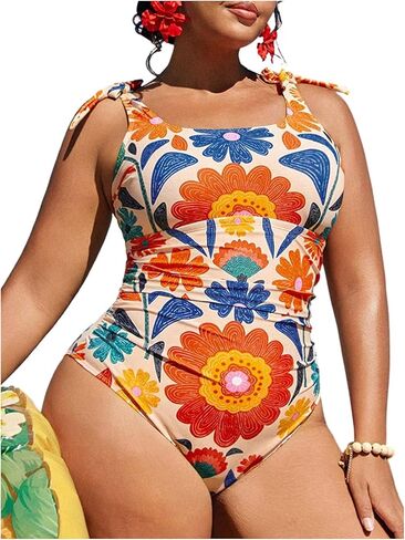 Floerns Women's Plus Size Tropical One Piece Swimsuit Tie Shoulder Tummy Control Bathing Suit in Saudi Arabia