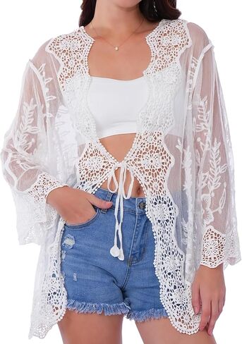 SEAUR Women’s Crochet Lace Kimono Beach Coverup Tie Front Knit Cardigan Long Sleeve Boho Swimwear in Saudi Arabia