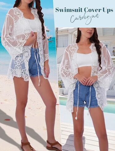 SEAUR Women’s Crochet Lace Kimono Beach Coverup Tie Front Knit Cardigan Long Sleeve Boho Swimwear in Saudi Arabia