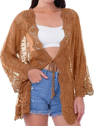 SEAUR Women’s Crochet Lace Kimono Beach Coverup Tie Front Knit Cardigan Long Sleeve Boho Swimwear in Saudi Arabia
