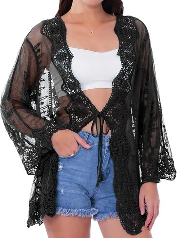 SEAUR Women’s Crochet Lace Kimono Beach Coverup Tie Front Knit Cardigan Long Sleeve Boho Swimwear in Saudi Arabia