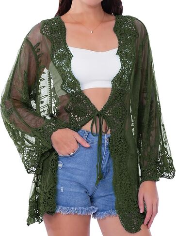 SEAUR Women’s Crochet Lace Kimono Beach Coverup Tie Front Knit Cardigan Long Sleeve Boho Swimwear in Saudi Arabia