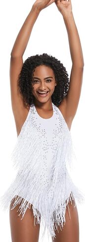 White Fringe Rhinestone Bodysuit Women Latin Jazz Showgirl Sexy Dance Uniforms Costumes Drag Queen Outfit in Kuwait