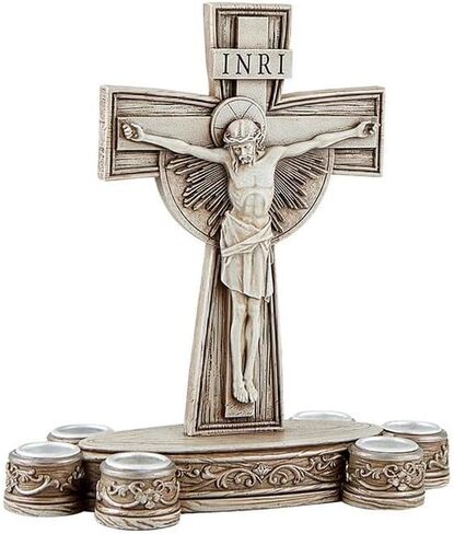 حامل شموع صليب مع 6 حوامل مستدقة - عرض تعبدي للصوم الأسبوعي - صليب راتنج مزخرف لطاولة الصلاة أو مذبح المنزل - ديكور انعكاس كاثوليكي للصوم in Kuwait