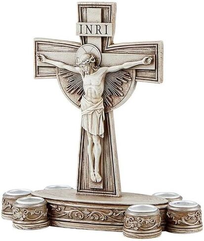 حامل شموع صليب مع 6 حوامل مستدقة - عرض تعبدي للصوم الأسبوعي - صليب راتنج مزخرف لطاولة الصلاة أو مذبح المنزل - ديكور انعكاس كاثوليكي للصوم in Kuwait