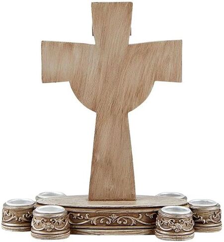 حامل شموع صليب مع 6 حوامل مستدقة - عرض تعبدي للصوم الأسبوعي - صليب راتنج مزخرف لطاولة الصلاة أو مذبح المنزل - ديكور انعكاس كاثوليكي للصوم in Kuwait