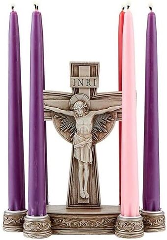 حامل شموع صليب مع 6 حوامل مستدقة - عرض تعبدي للصوم الأسبوعي - صليب راتنج مزخرف لطاولة الصلاة أو مذبح المنزل - ديكور انعكاس كاثوليكي للصوم in Kuwait