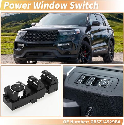 X AUTOHAUX الجانب الأمامي الأيسر للسائق، مفتاح نافذة الطاقة، مفتاح التحكم في النافذة رقم GB5Z14529BA لسيارة Ford Explorer Police Interceptor للمرافق باللون الأسود in Saudi Arabia