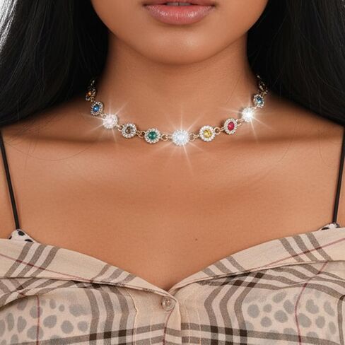 قلادة كريستال ملونة سباركلي حجر الراين المختنقون القلائد سلسلة ذهبية قوس قزح كريستال القلائد العصرية قلادة الأحجار الكريمة حفلة موسيقية شاطئ الرقبة مجوهرات للنساء in Kuwait