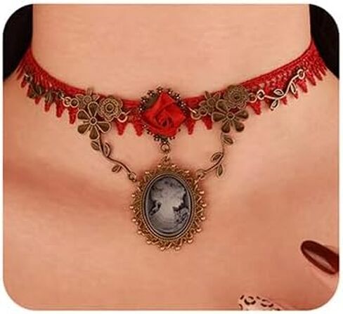 Wiwpar Red Lace Gothic Cameo Pendant Choker Necklace Crystal Red Rose Flower Lolita Goth Vintage Cameo Necklace for Sexy Lady Party Wedding Princess (Style4) in Saudi Arabia