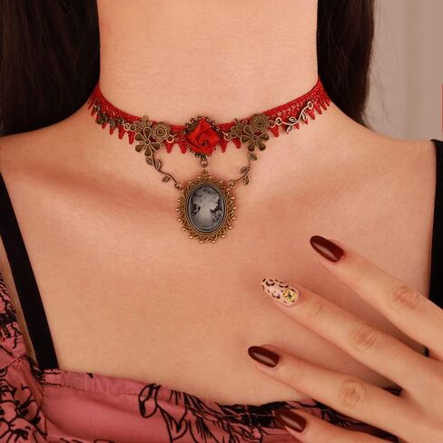 Wiwpar Red Lace Gothic Cameo Pendant Choker Necklace Crystal Red Rose Flower Lolita Goth Vintage Cameo Necklace for Sexy Lady Party Wedding Princess (Style4) in Saudi Arabia