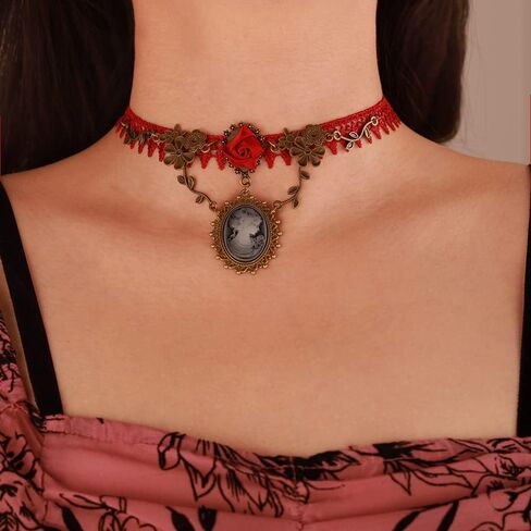 Wiwpar Red Lace Gothic Cameo Pendant Choker Necklace Crystal Red Rose Flower Lolita Goth Vintage Cameo Necklace for Sexy Lady Party Wedding Princess (Style4) in Saudi Arabia