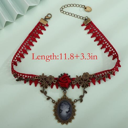 Wiwpar Red Lace Gothic Cameo Pendant Choker Necklace Crystal Red Rose Flower Lolita Goth Vintage Cameo Necklace for Sexy Lady Party Wedding Princess (Style4) in Saudi Arabia