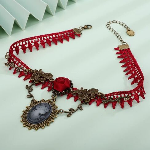 Wiwpar Red Lace Gothic Cameo Pendant Choker Necklace Crystal Red Rose Flower Lolita Goth Vintage Cameo Necklace for Sexy Lady Party Wedding Princess (Style4) in Saudi Arabia