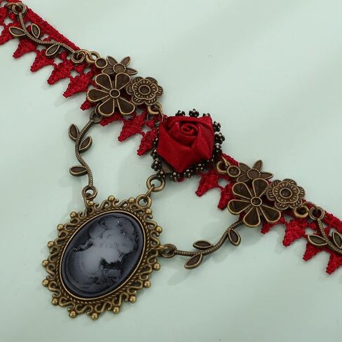 Wiwpar Red Lace Gothic Cameo Pendant Choker Necklace Crystal Red Rose Flower Lolita Goth Vintage Cameo Necklace for Sexy Lady Party Wedding Princess (Style4) in Saudi Arabia