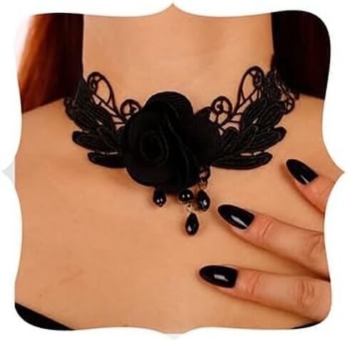 Missgrace Gothic Punk Halloween Black Flower Steampunk قلادة من الدانتيل الأسود للنساء in Saudi Arabia