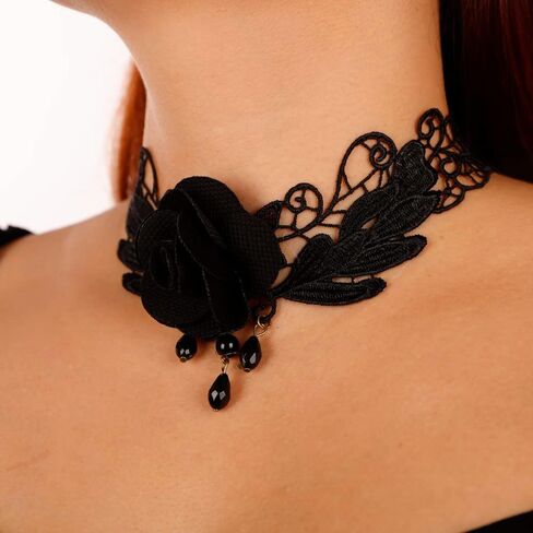 Missgrace Gothic Punk Halloween Black Flower Steampunk قلادة من الدانتيل الأسود للنساء in Saudi Arabia