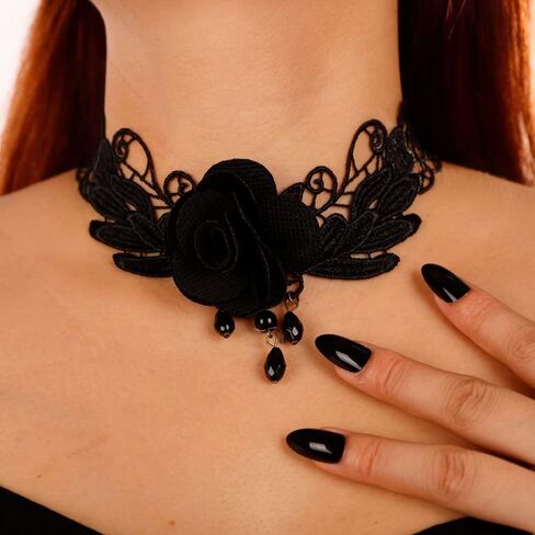 Missgrace Gothic Punk Halloween Black Flower Steampunk قلادة من الدانتيل الأسود للنساء in Saudi Arabia